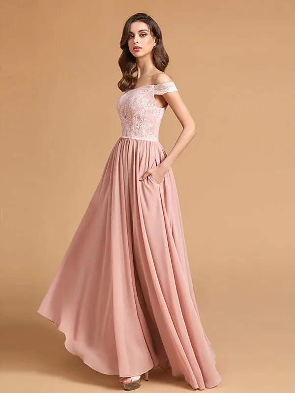 Elegant Off The Shoulder Bridesmaid Maxi Dresses with Pockets