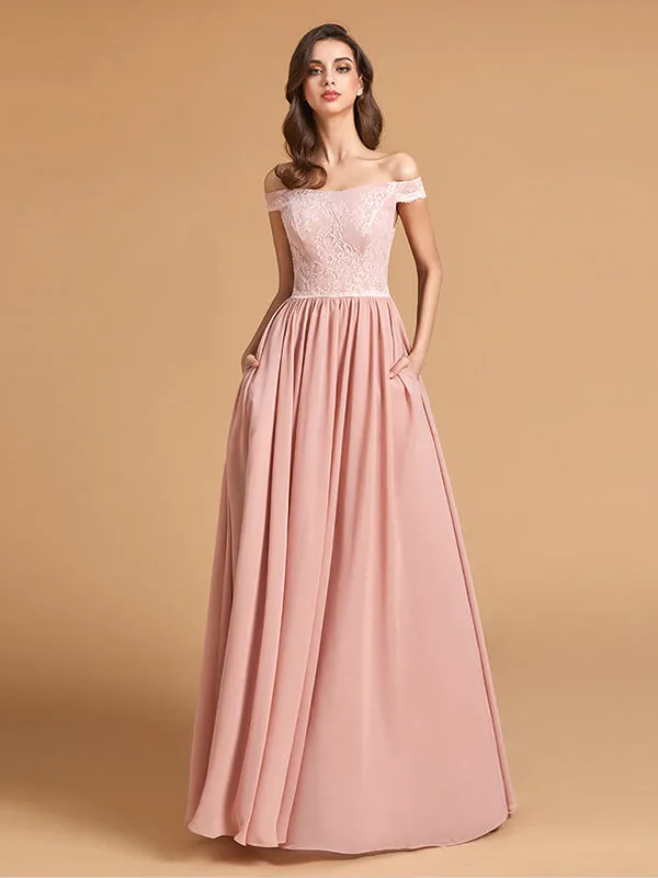 Elegant Off The Shoulder Bridesmaid Maxi Dresses with Pockets