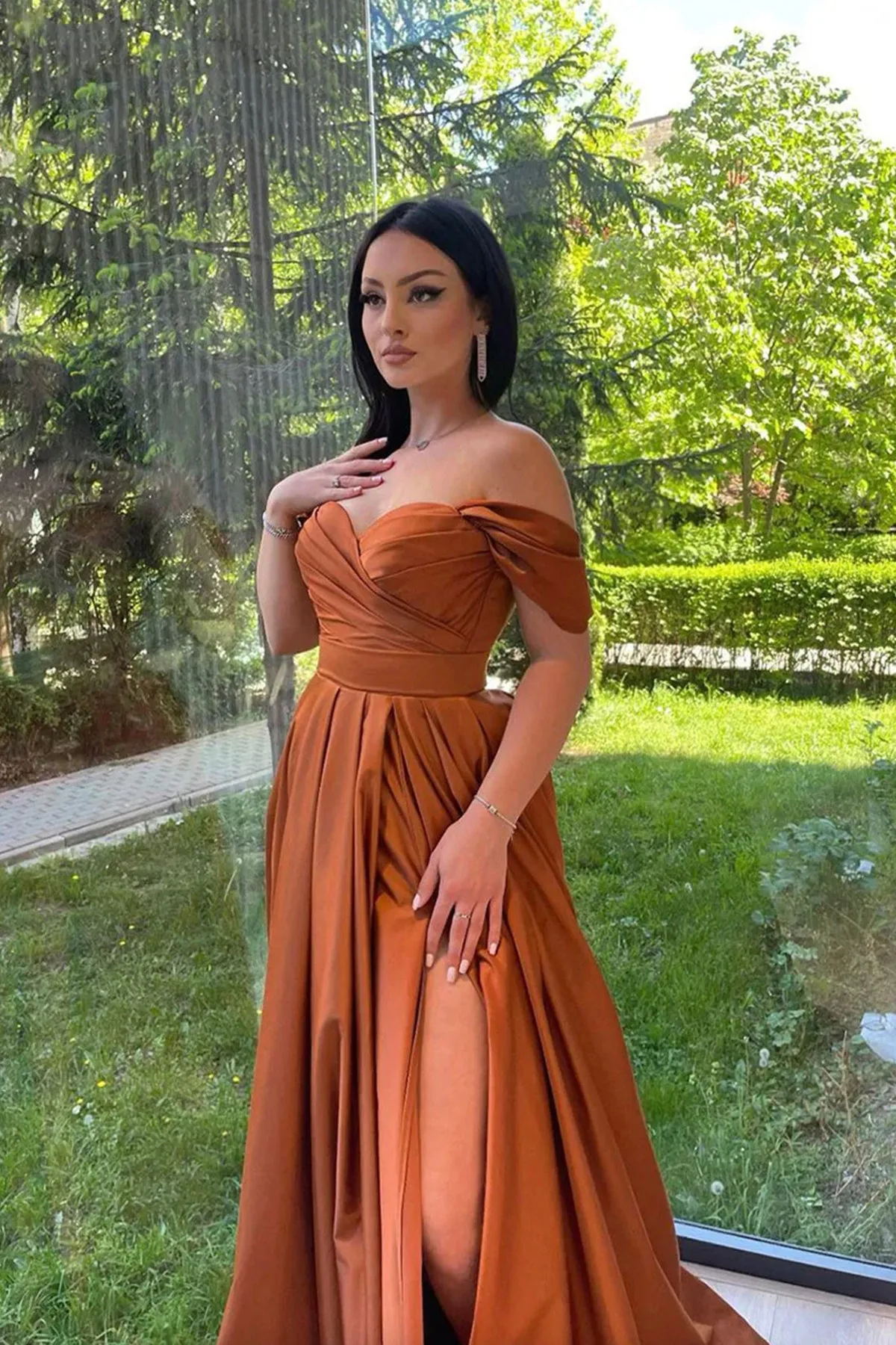 Elegant Off the Shoulder Brown Long Prom Dress with High Slit, Off Shoulder Brown Formal Dress, Brown Evening Dress A1886