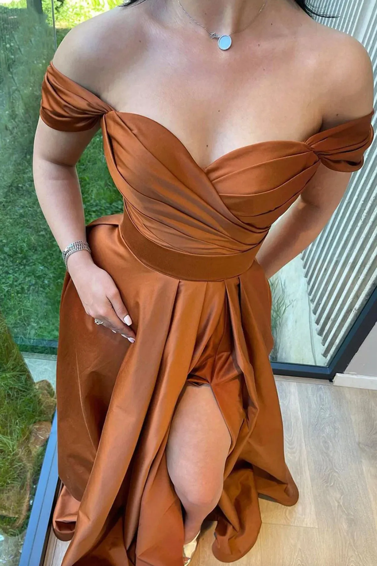 Elegant Off the Shoulder Brown Long Prom Dress with High Slit, Off Shoulder Brown Formal Dress, Brown Evening Dress A1886