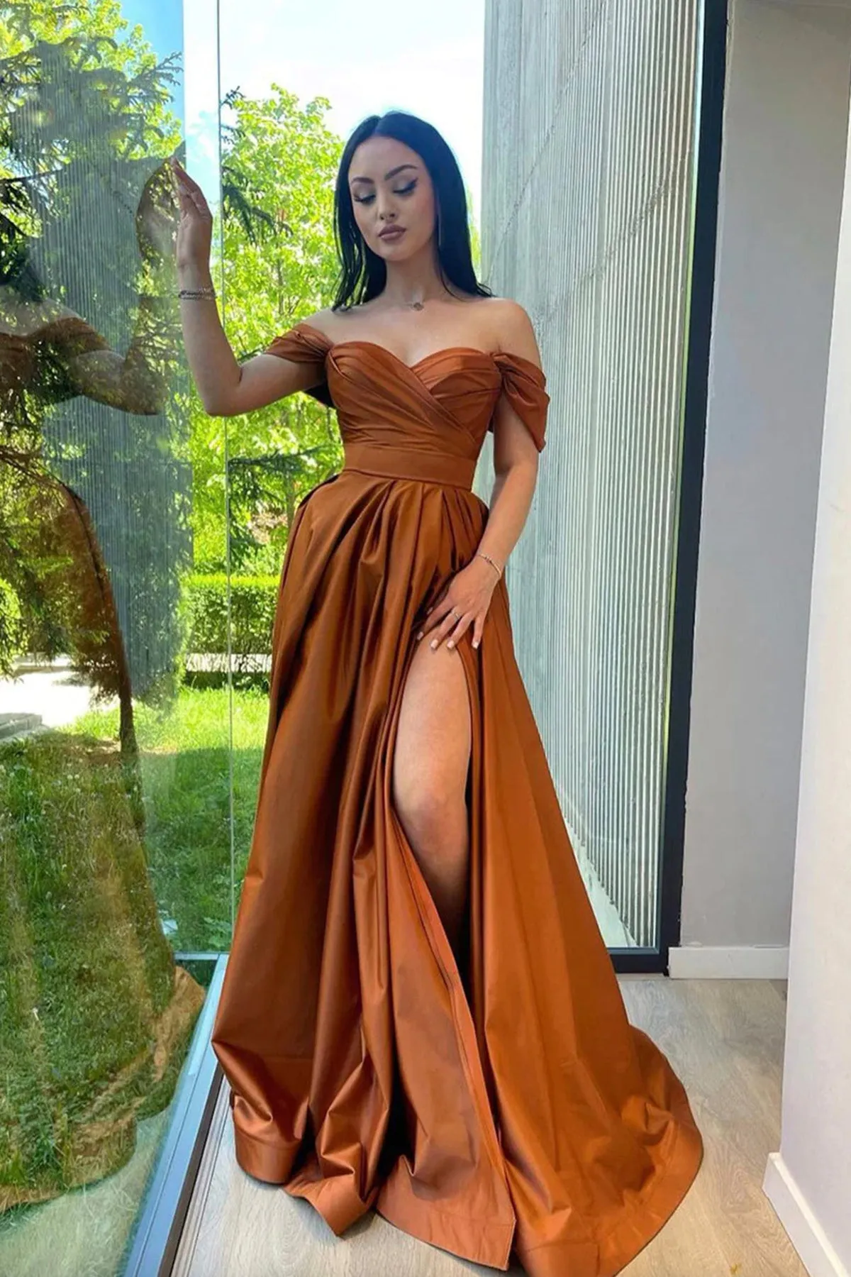 Elegant Off the Shoulder Brown Long Prom Dress with High Slit, Off Shoulder Brown Formal Dress, Brown Evening Dress A1886