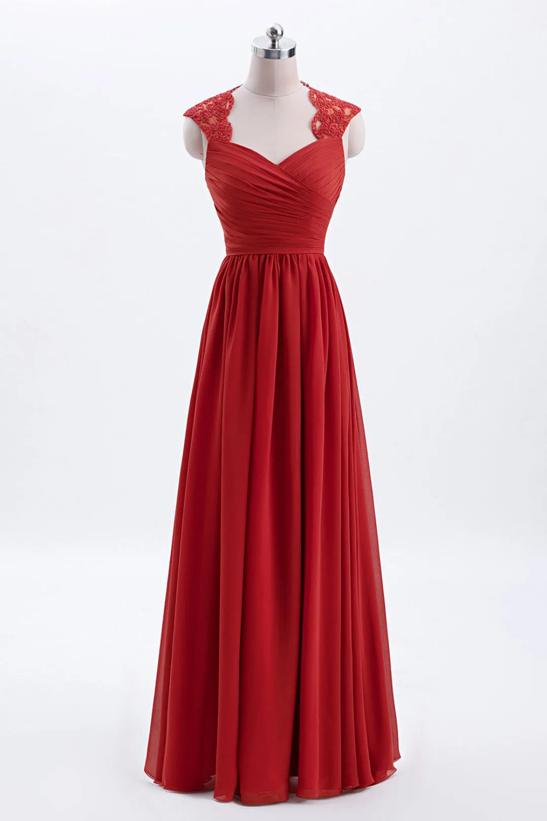 Elegant Red Chiffon Pleated A-line Long Bridesmaid Dress