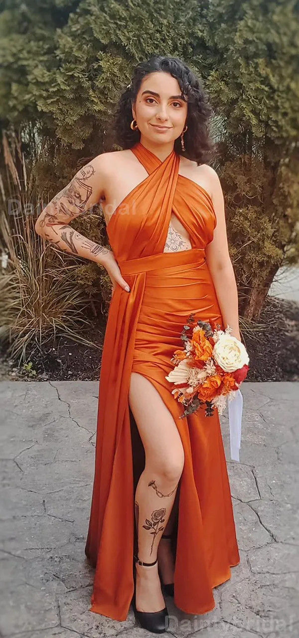 Elegant Side Slit Halter Mermaid Burnt Orange Long Satin Bridesmaid Dresses Online, BG722