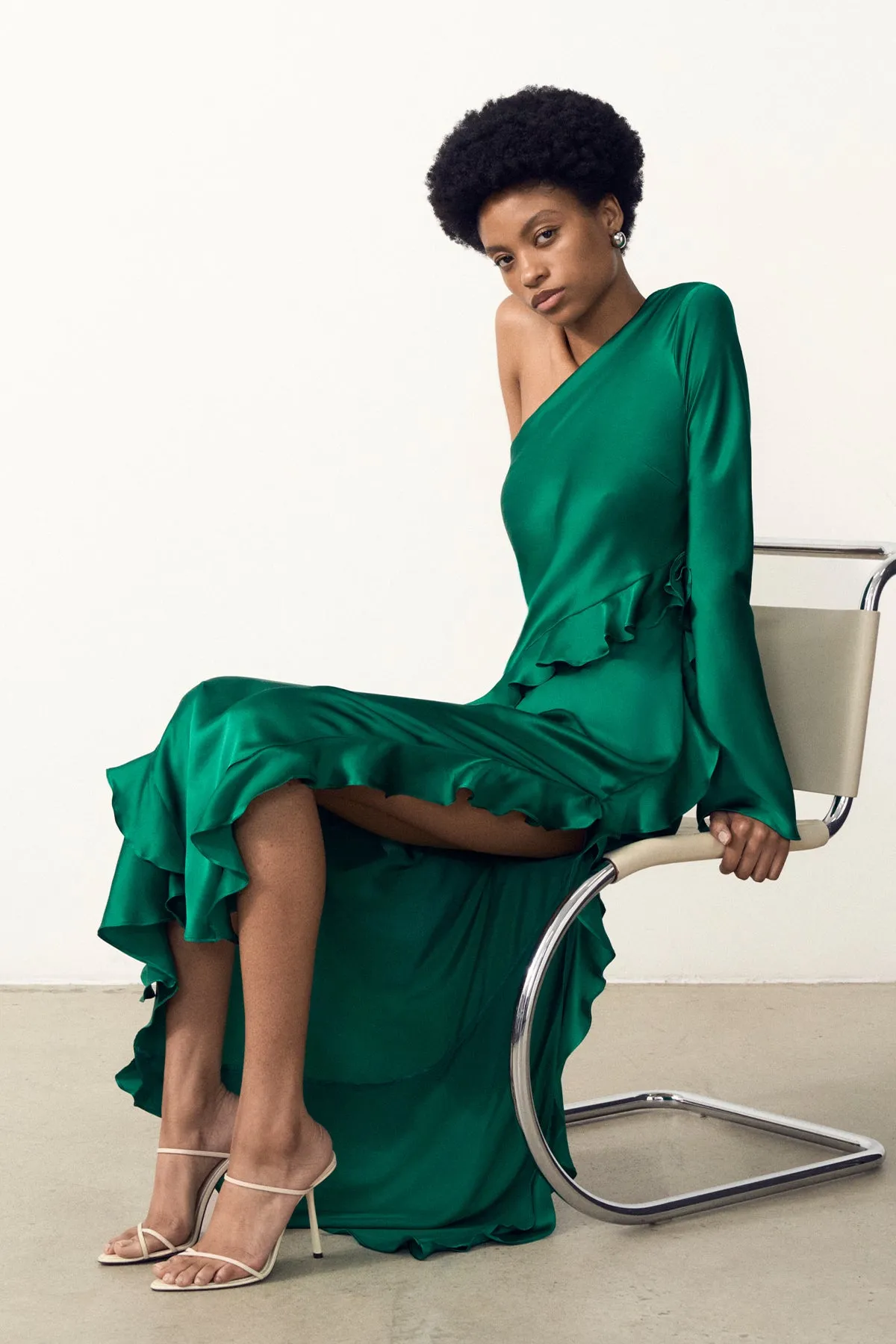 ELLE SILK ASYMMETRICAL ONE SHOULDER RUFFLE MAXI DRESS - EMERALD GREEN