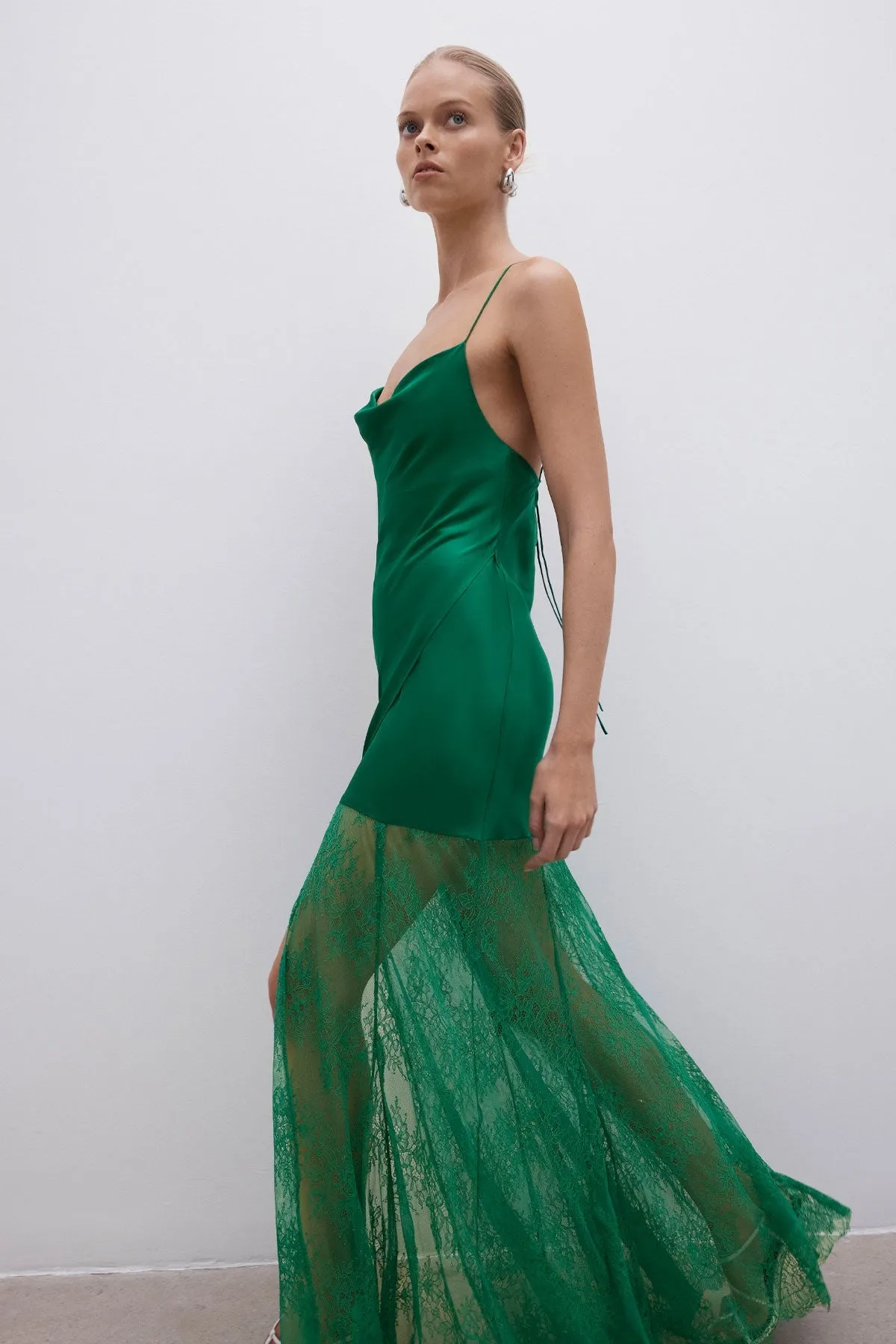 ELLE SILK LACE COWL MAXI DRESS - EMERALD GREEN