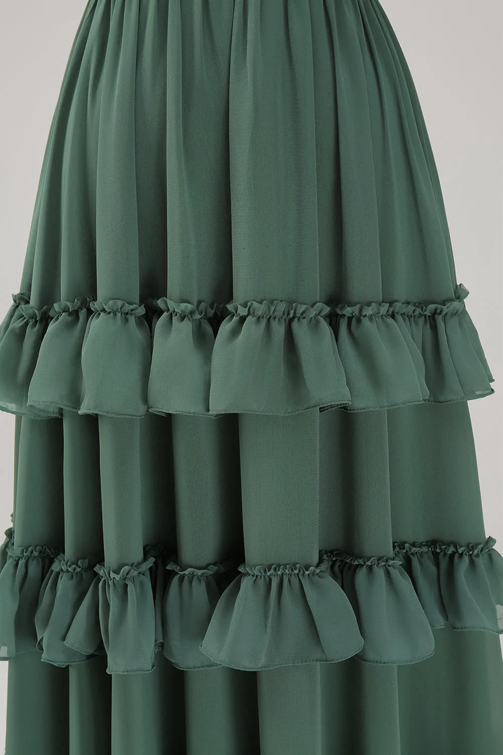 Eucalyptus A Line Spaghetti Straps Tiered Chiffon Maxi Bridesmaid Dress