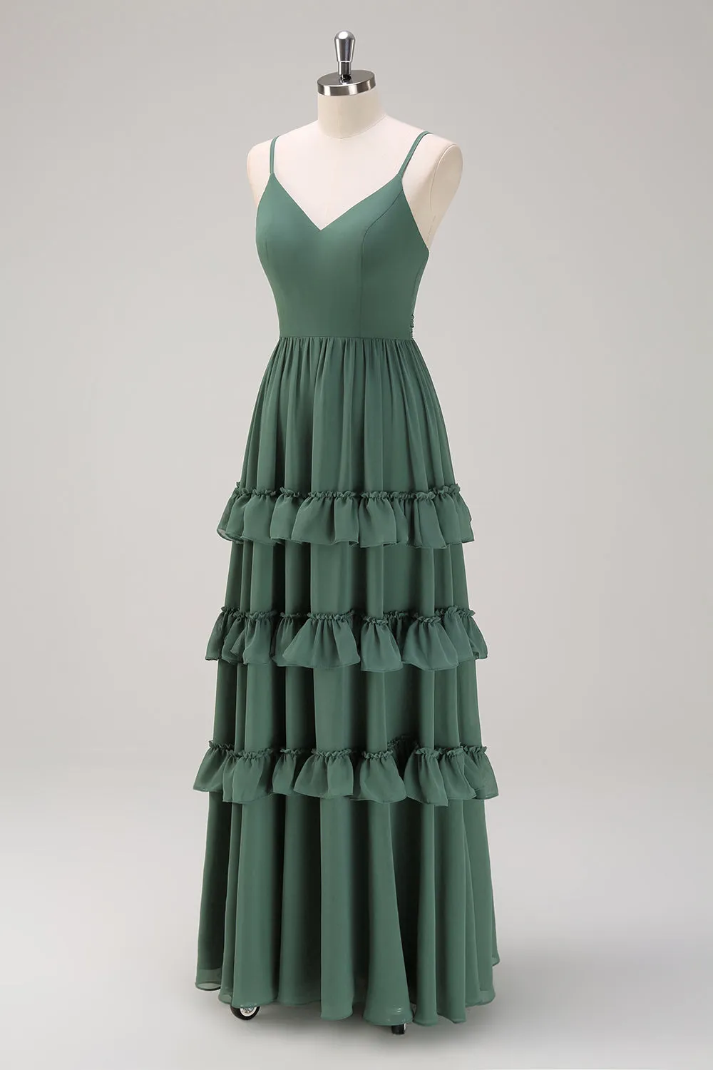 Eucalyptus A Line Spaghetti Straps Tiered Chiffon Maxi Bridesmaid Dress