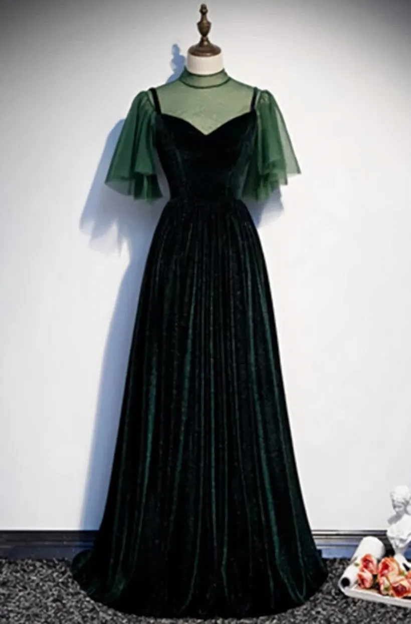 Fashionable Dark Green Velvet Long Party Gown, Green Bridesmaid Dress