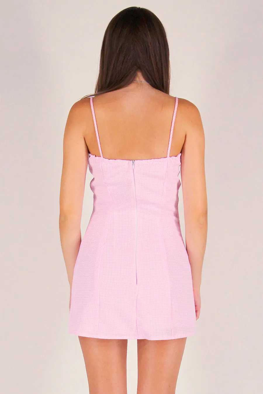 Fitted Square Strap Dress - Pink Gingham