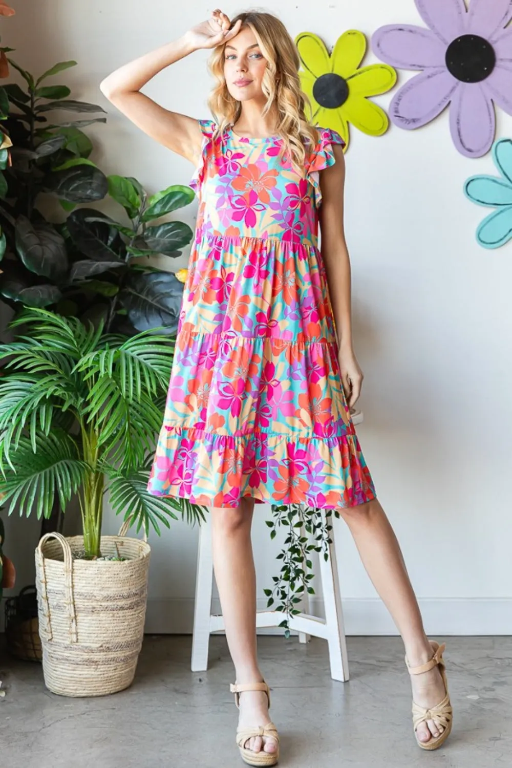 Full Size Floral Cap Sleeve Tiered Dress