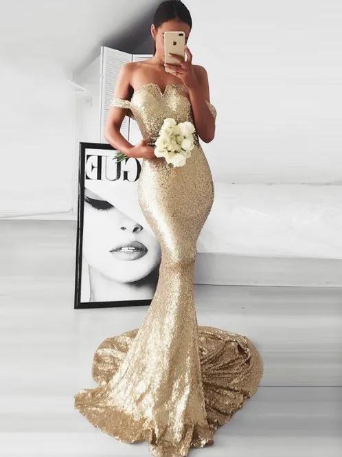 gold sequin bridesmaid dresses long mermaid off the shoulder elegant sexy wedding party dress 2020