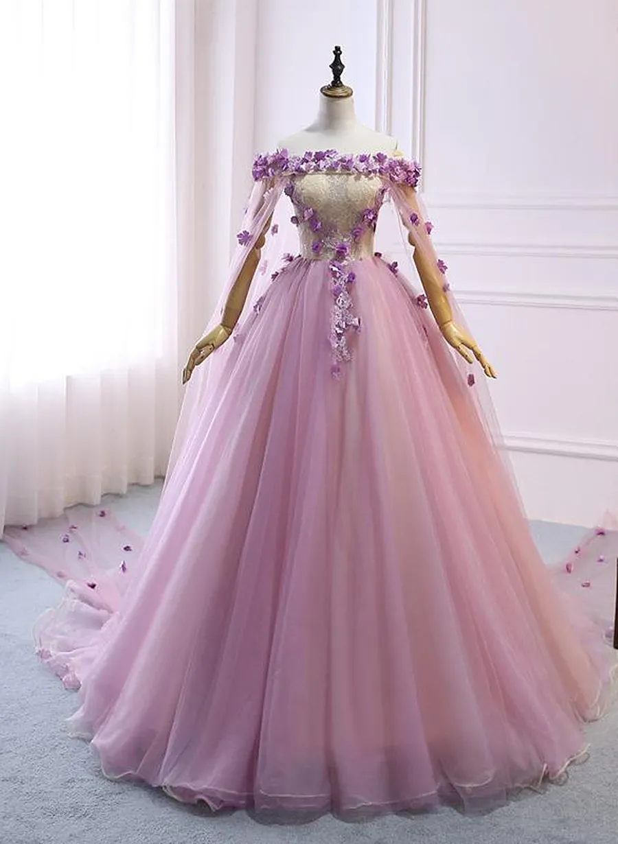 Gorgeous Tulle Off Shoulder Flowers Lace-up Long Formal Dress, Pink Prom Dress