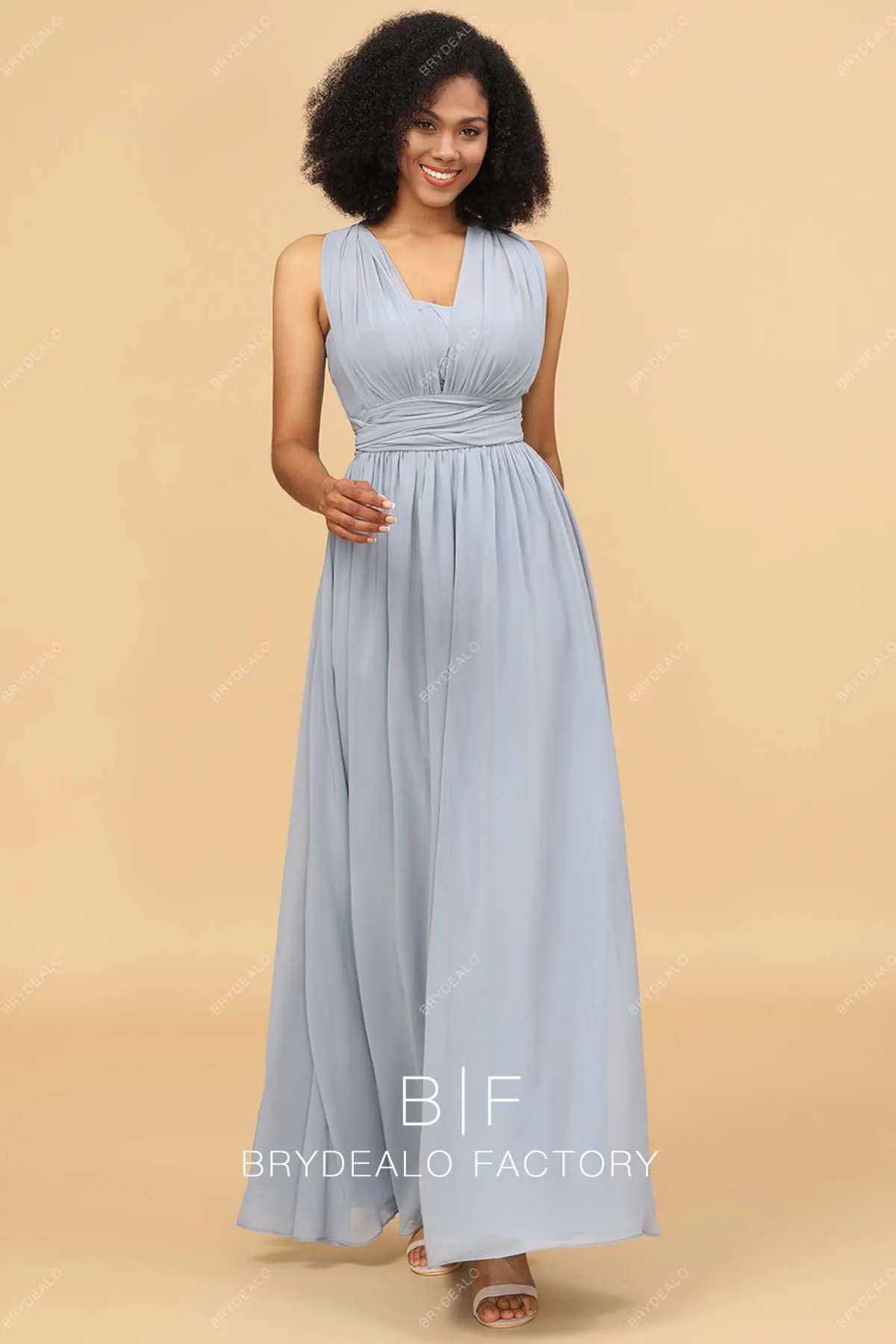 Gray Chiffon Convertible Sleeveless Floor Length Dress