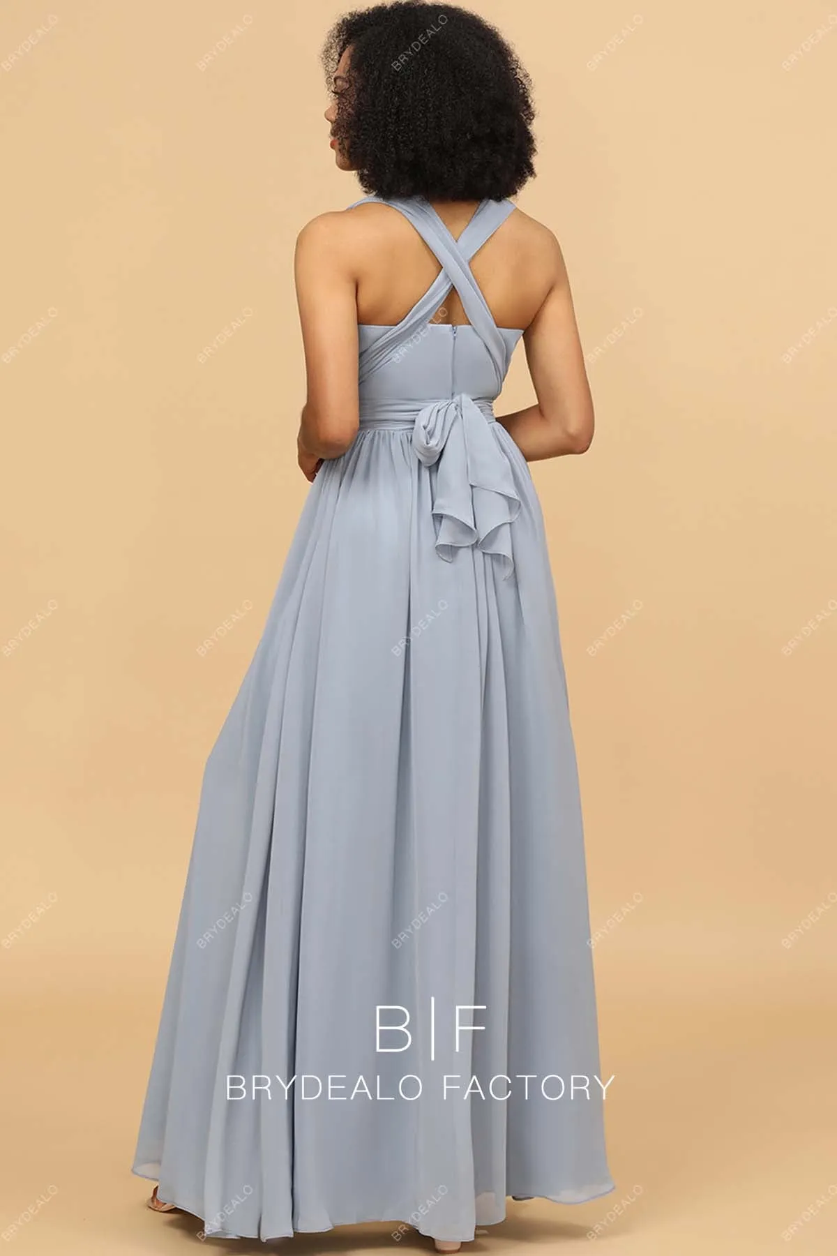 Gray Chiffon Convertible Sleeveless Floor Length Dress