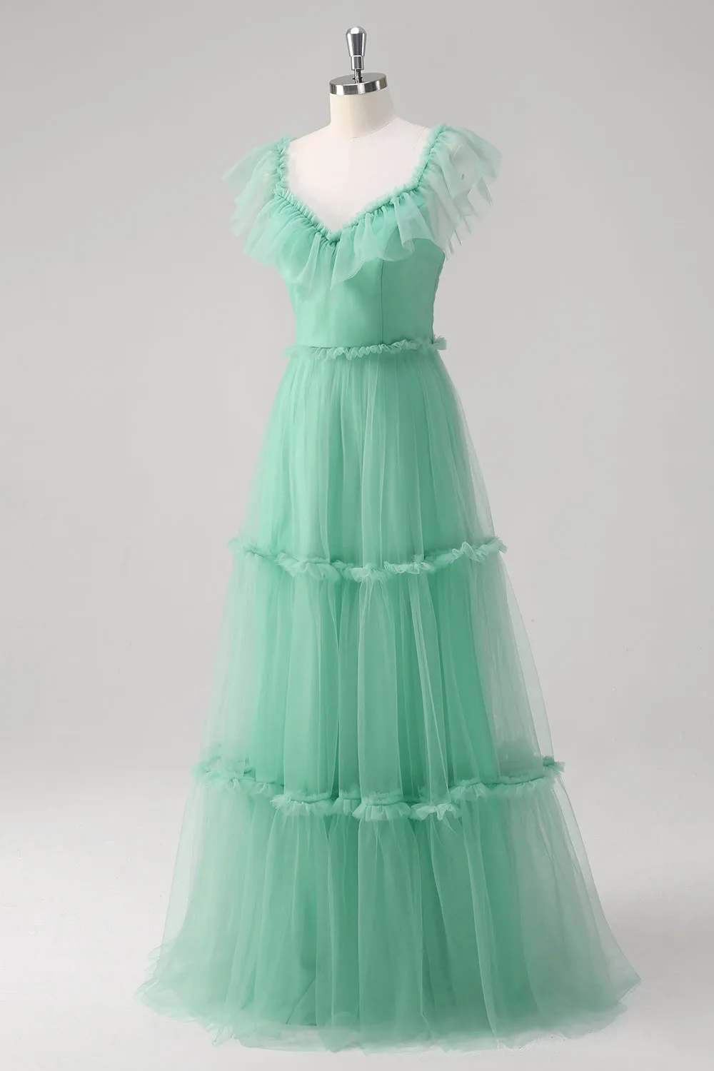 Green A Line Tulle Hollow Out Back Prom Dress