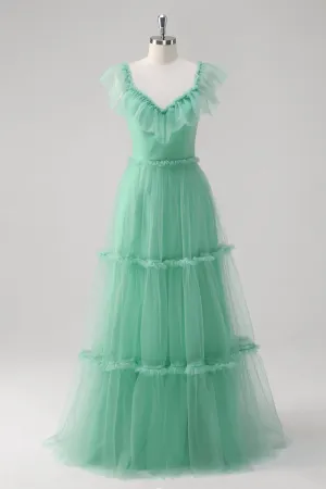 Green A Line Tulle Hollow Out Back Prom Dress