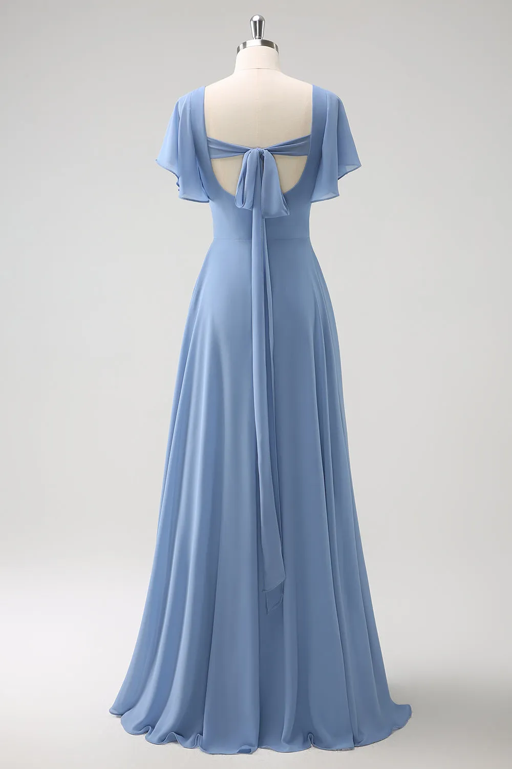 Grey Blue A Line Chiffon Long Bridesmaid Dress with Slit