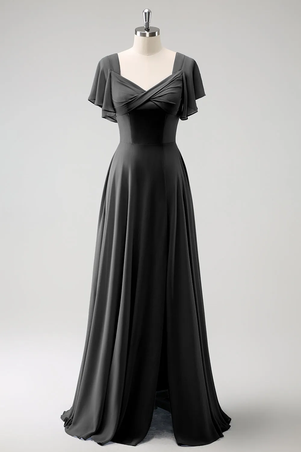 Grey Blue A Line Chiffon Long Bridesmaid Dress with Slit