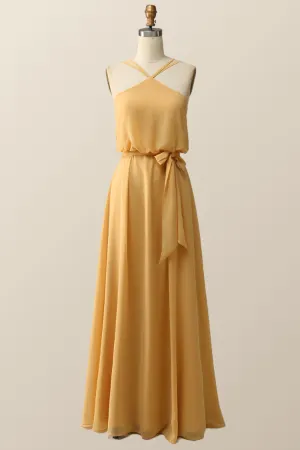 Halter Straps Yellow Chiffon Long Bridesmaid Dress