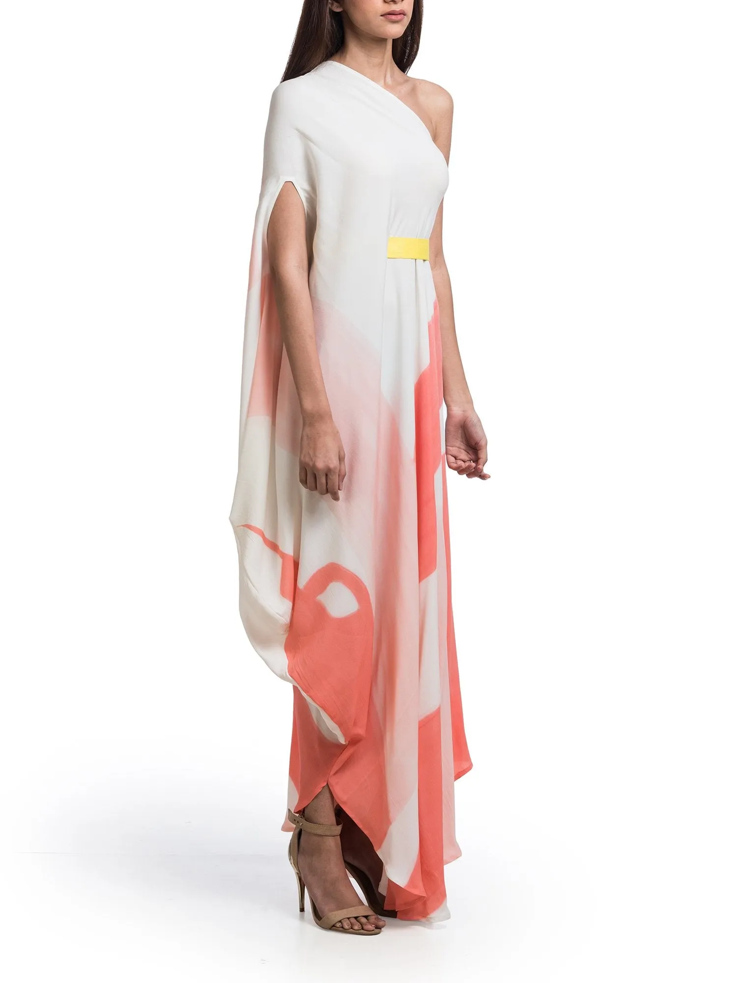 Hand Brush Painted One-Shoulder Drape Dress