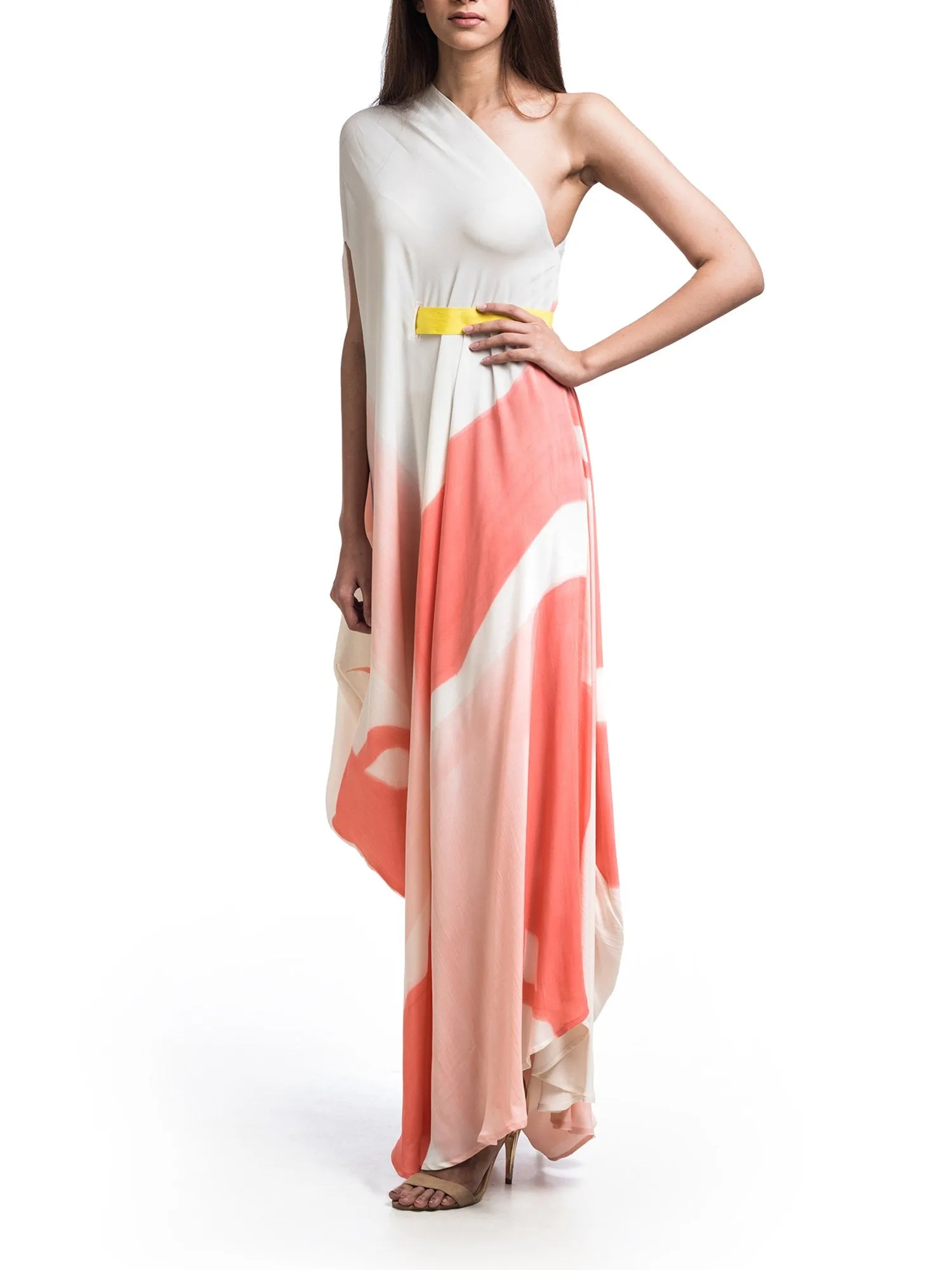 Hand Brush Painted One-Shoulder Drape Dress