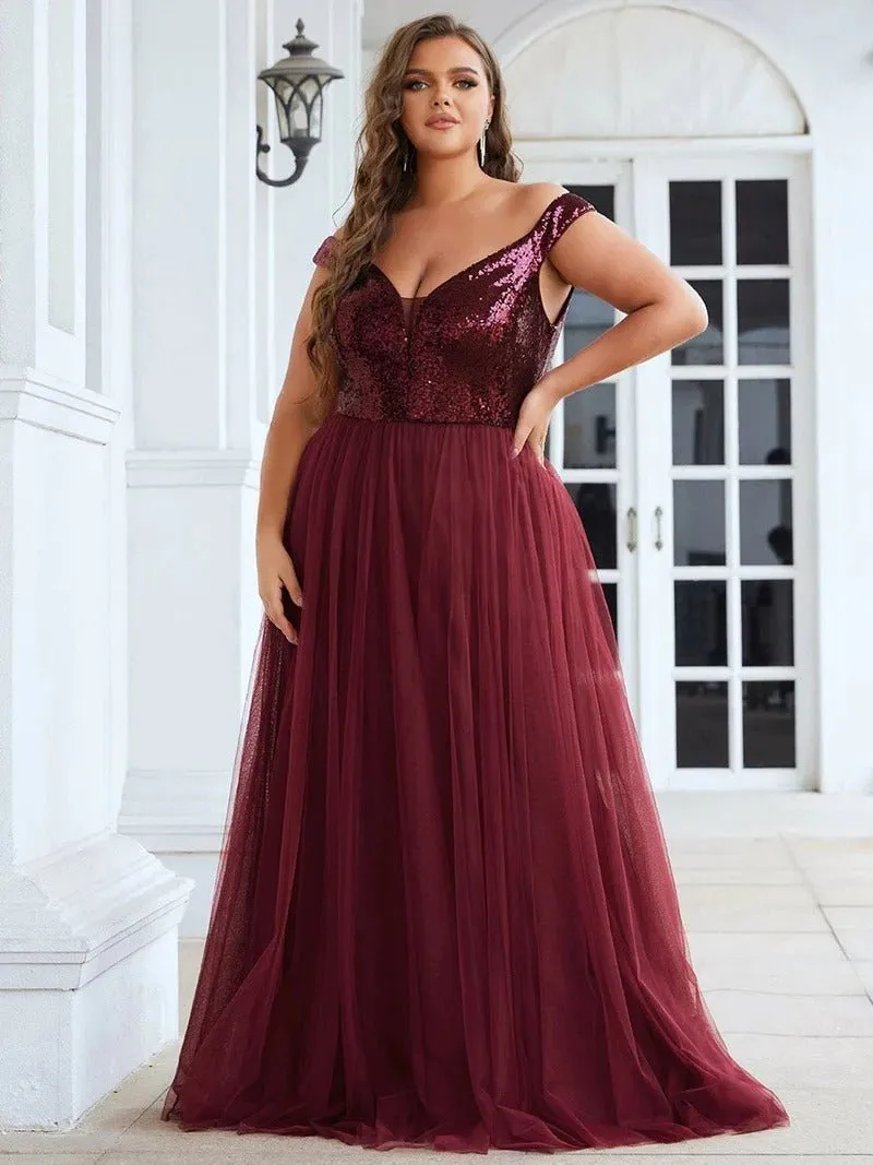 High Waist Tulle & Sequin Sleeveless Evening Dress