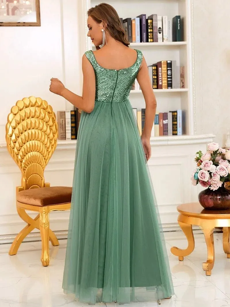 High Waist Tulle & Sequin Sleeveless Evening Dress