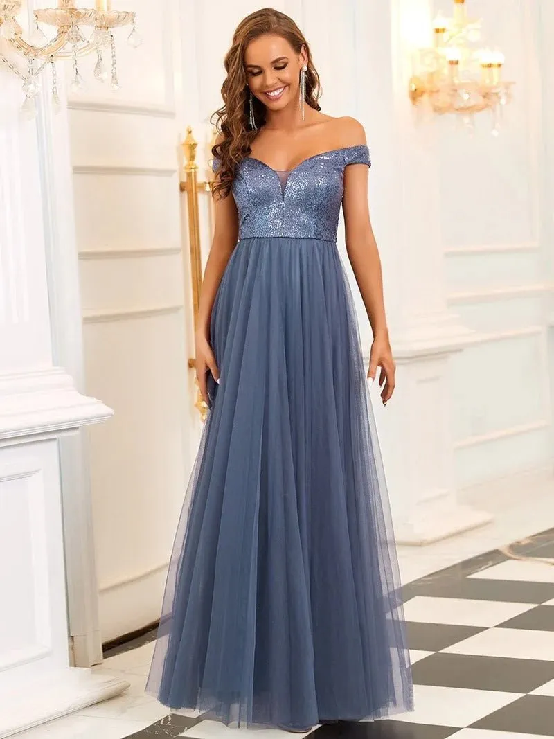 High Waist Tulle & Sequin Sleeveless Evening Dress