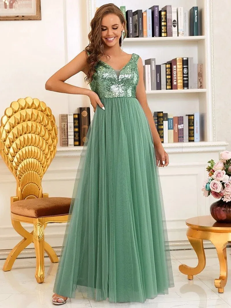 High Waist Tulle & Sequin Sleeveless Evening Dress