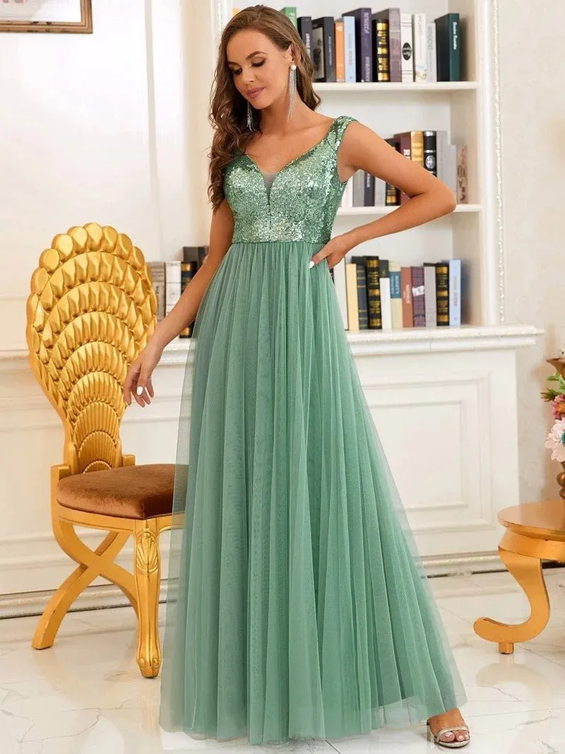 High Waist Tulle & Sequin Sleeveless Evening Dress