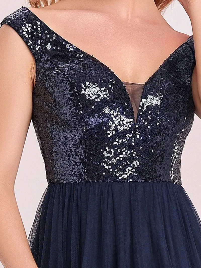 High Waist Tulle & Sequin Sleeveless Evening Dress