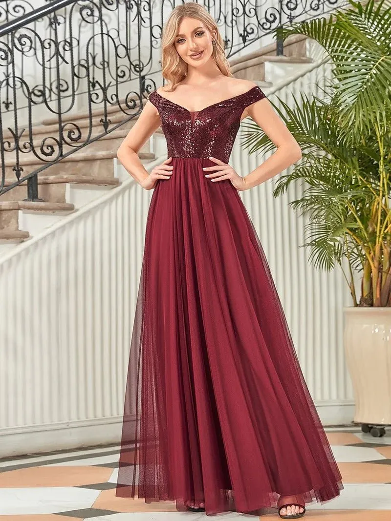 High Waist Tulle & Sequin Sleeveless Evening Dress