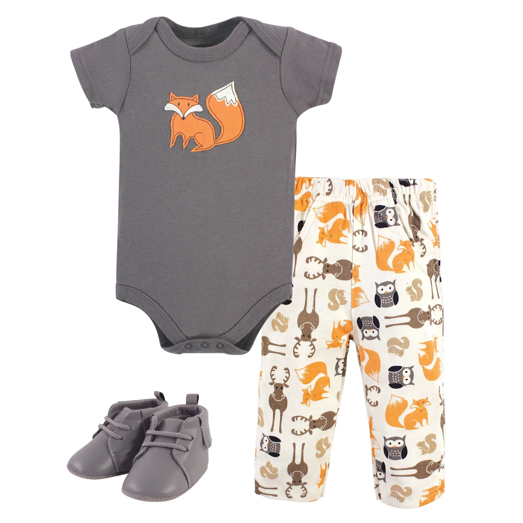 Hudson Baby Cotton Bodysuit, Pant and Shoe Set, Boy Forest