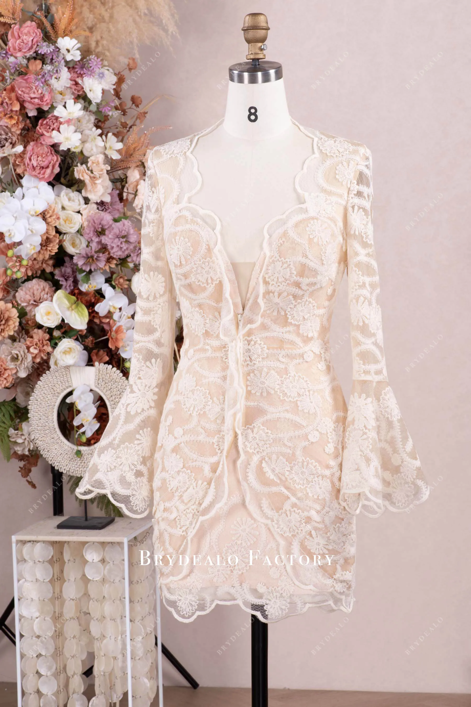 Ivory Lace Champagne Bell Sleeve After-Party Wedding Dress