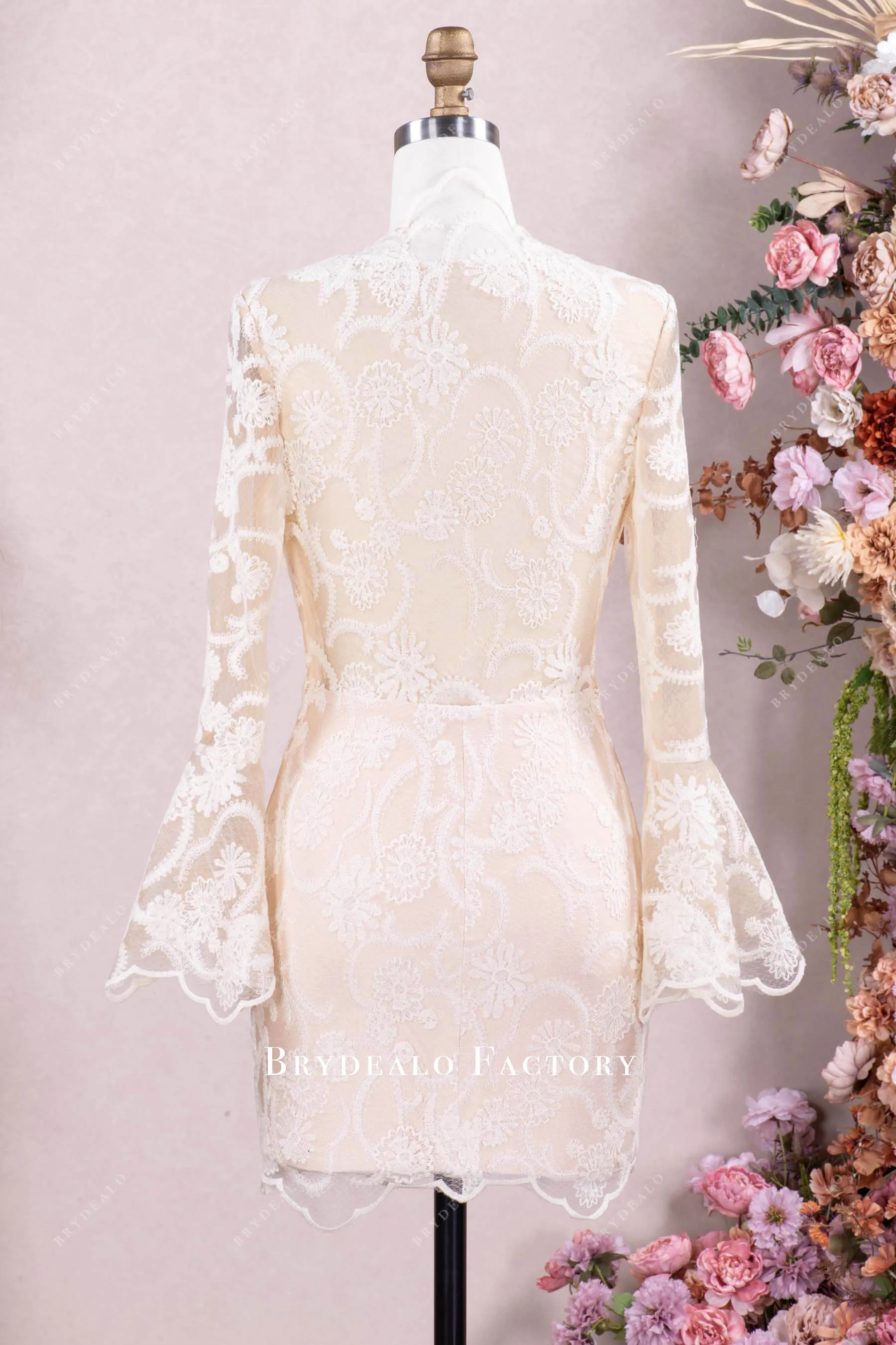 Ivory Lace Champagne Bell Sleeve After-Party Wedding Dress