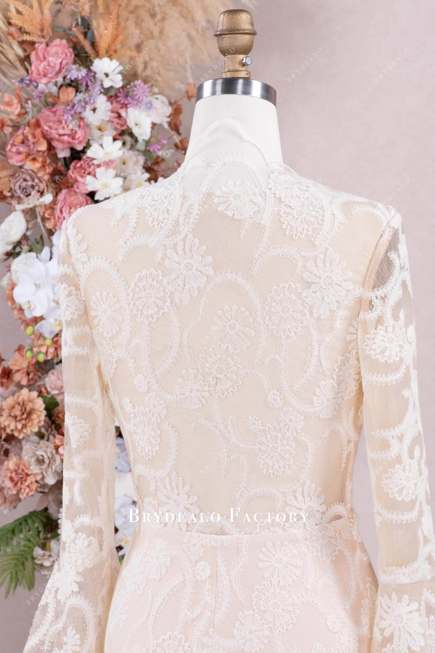 Ivory Lace Champagne Bell Sleeve After-Party Wedding Dress