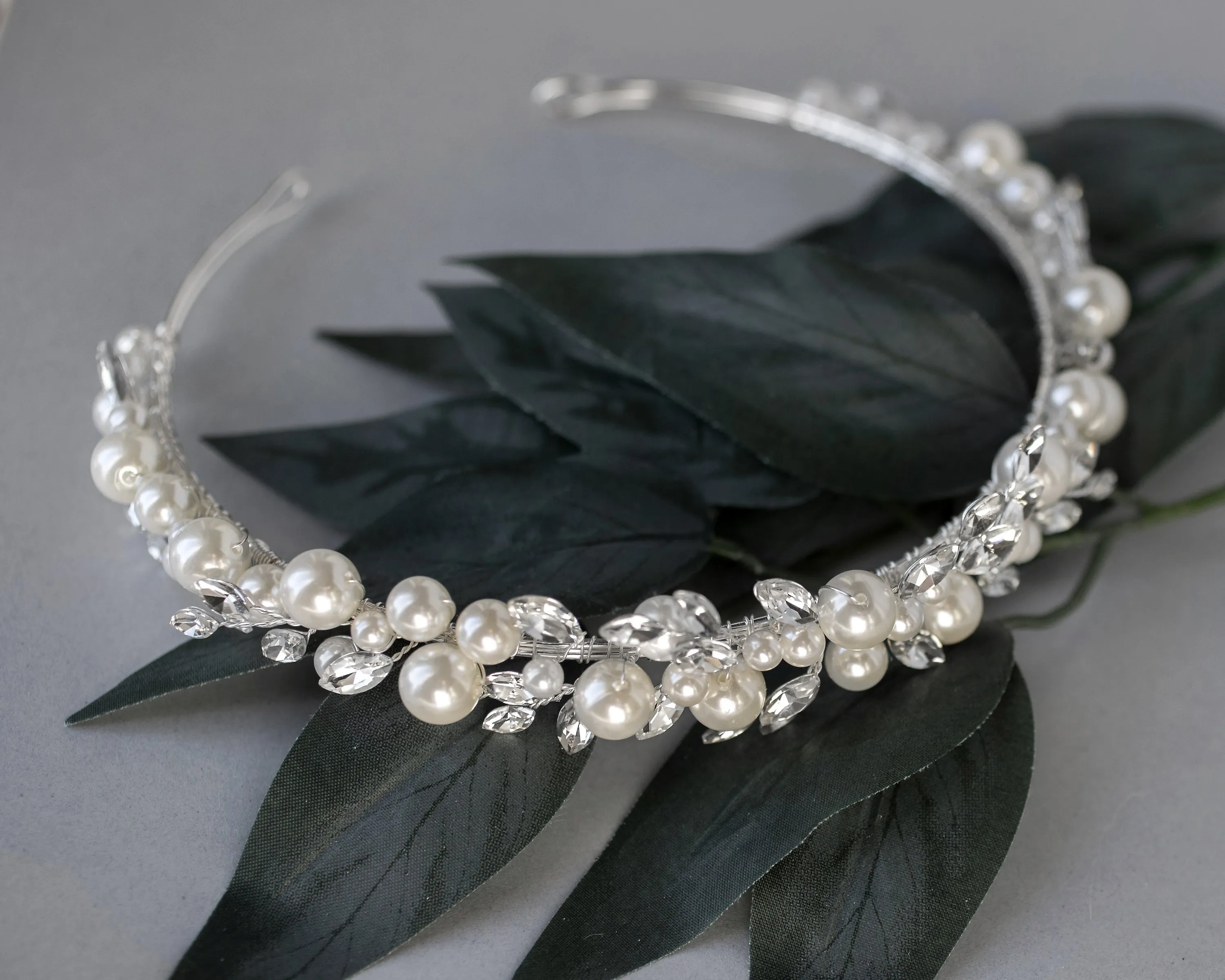 Ivory Pearls and Crystal Marquise Stones Headband