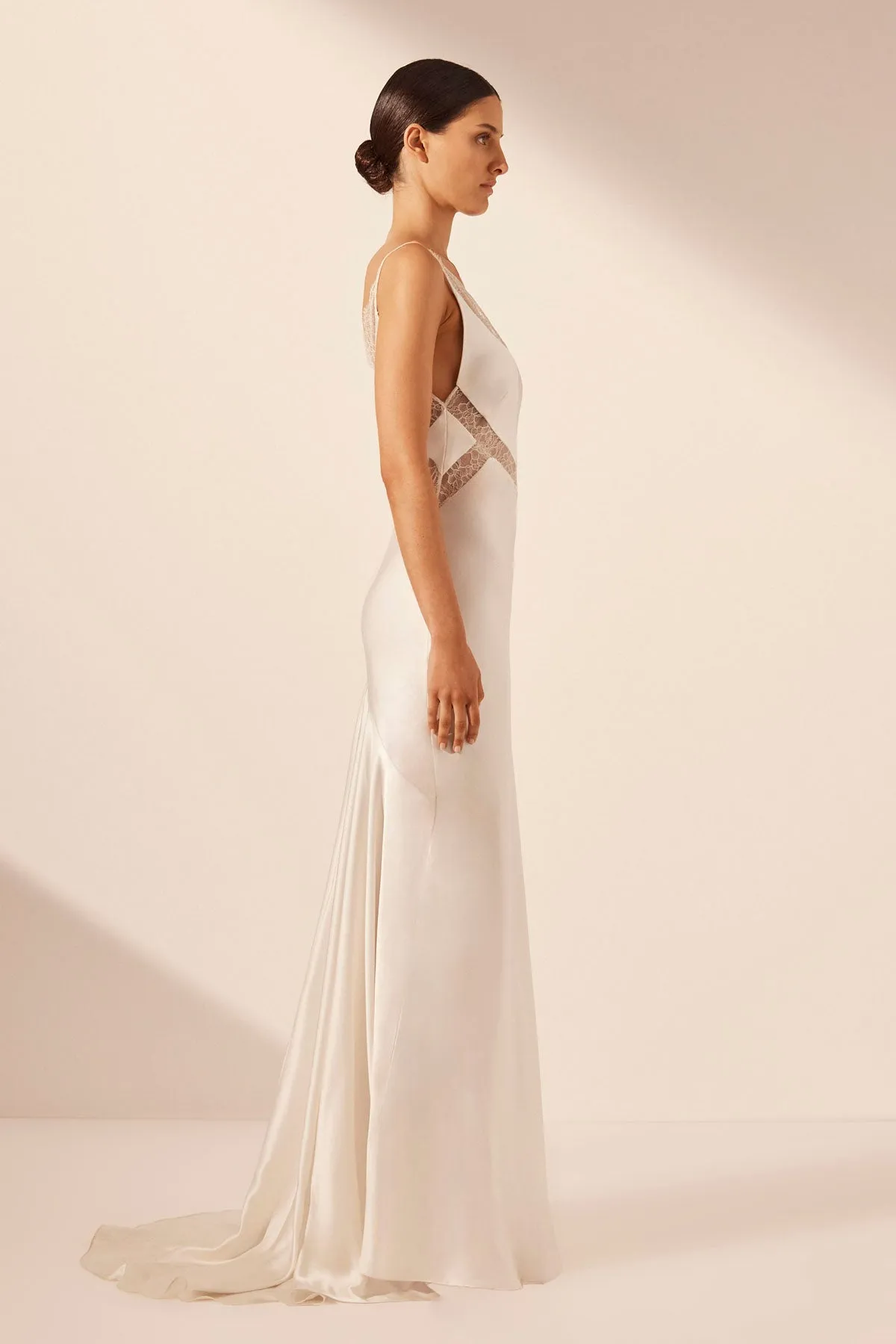 LA LUNE CUMULUS SILK PLUNGED LACE MAXI DRESS - IVORY