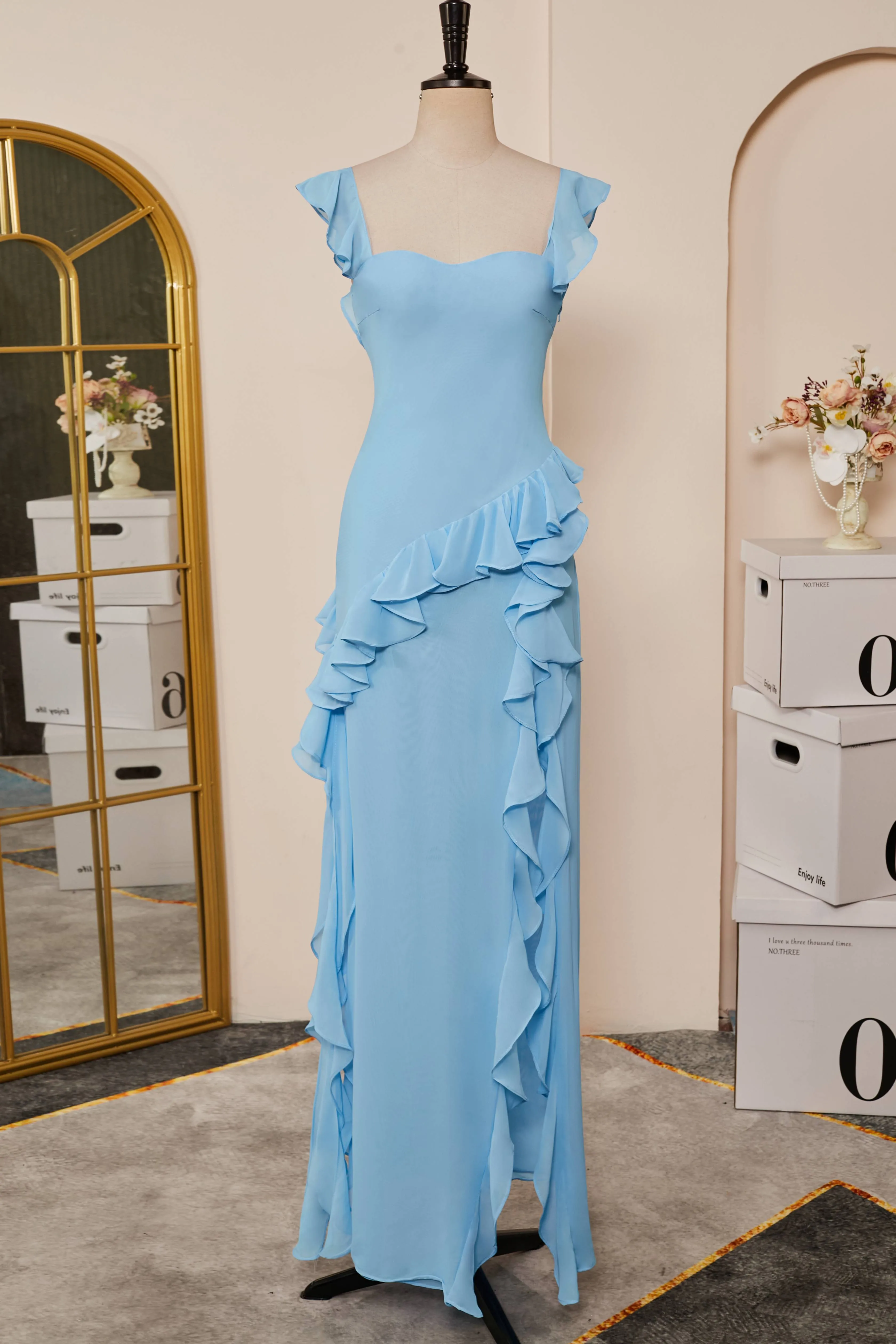 Light Blue Flaunt Sleeves Mermaid Ruffled Long Bridesmaid Dress with Slit