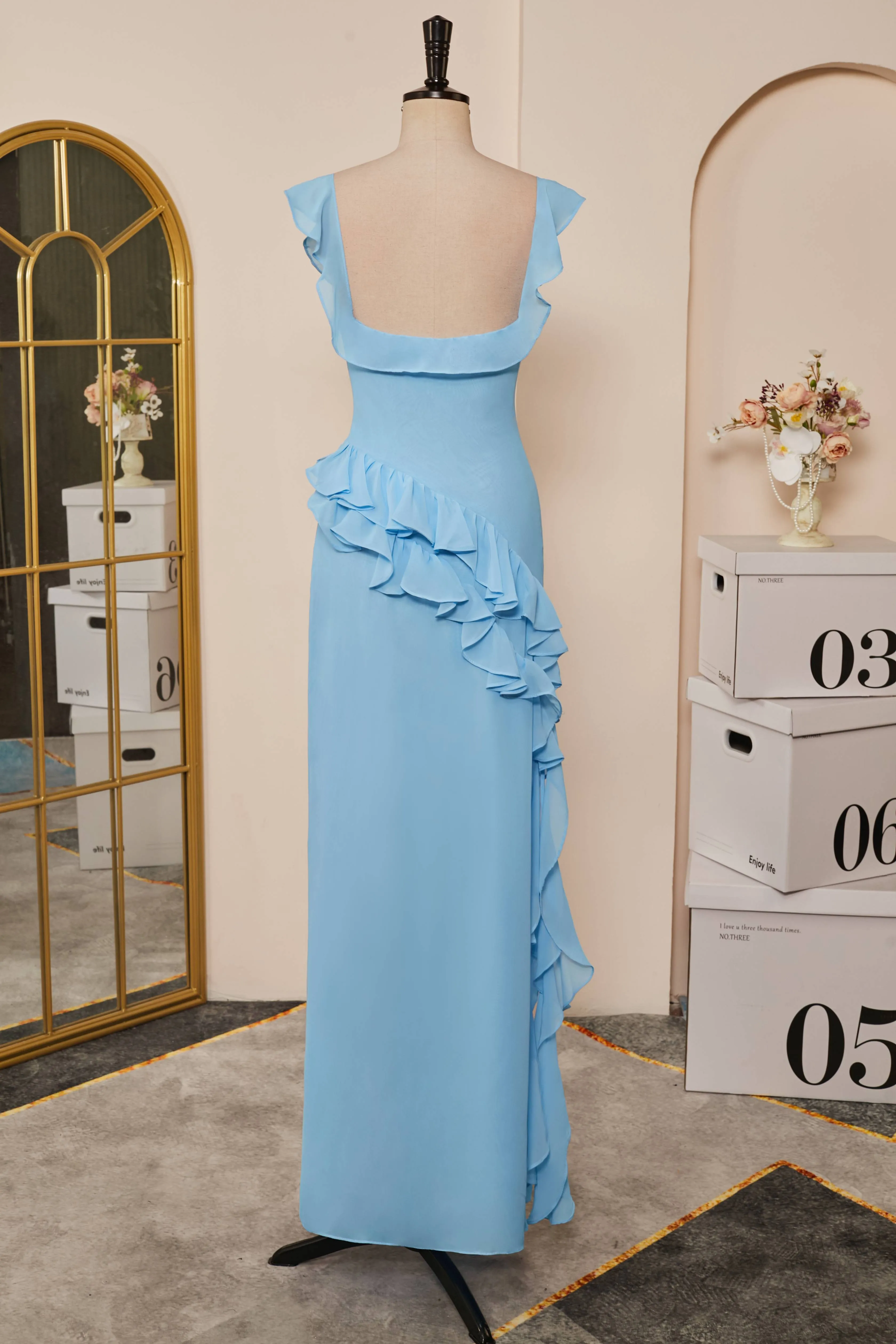 Light Blue Flaunt Sleeves Mermaid Ruffled Long Bridesmaid Dress with Slit