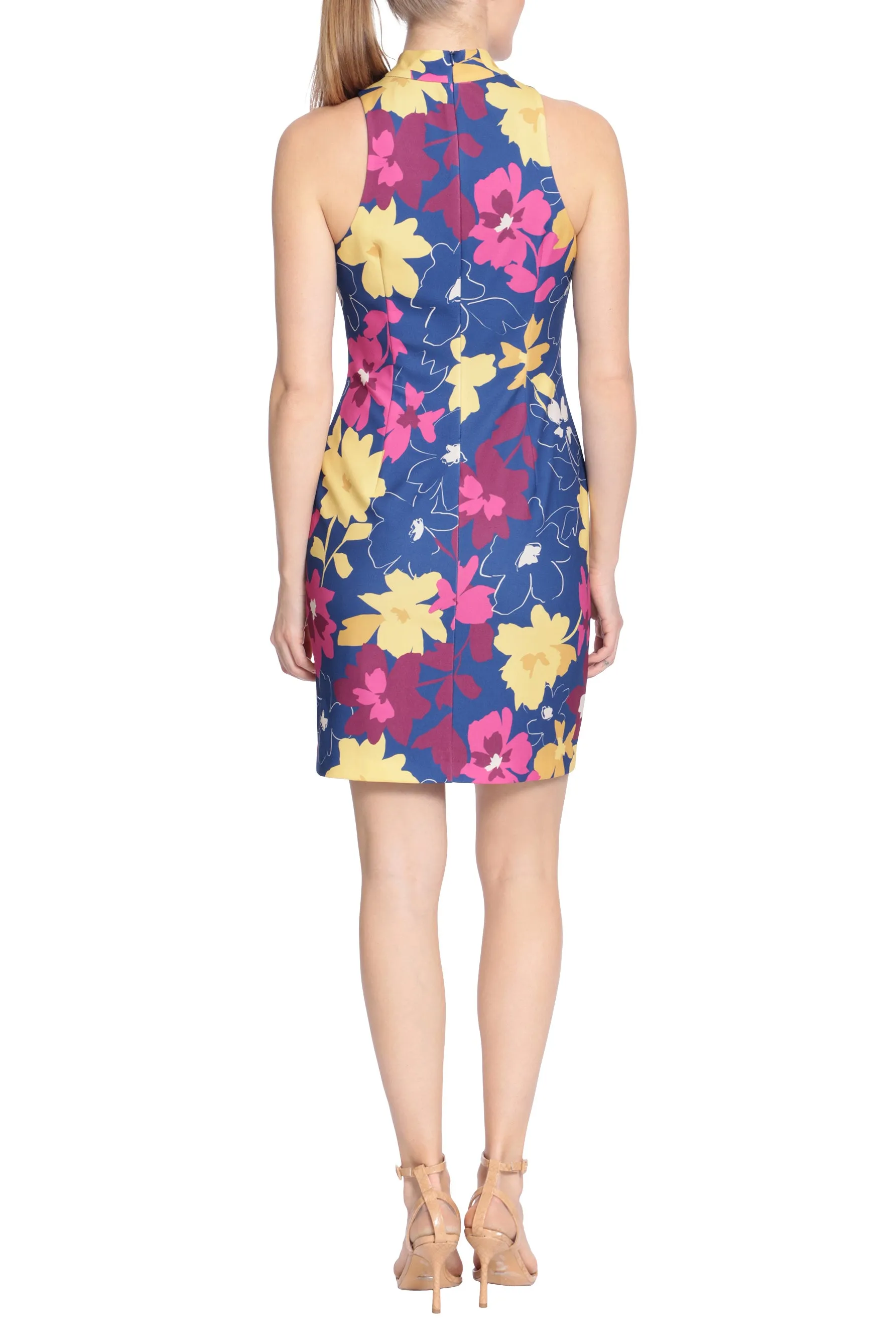 London Times Halter Neck Front Keyhole Sleeveless Back Zipper Short Floral Dress