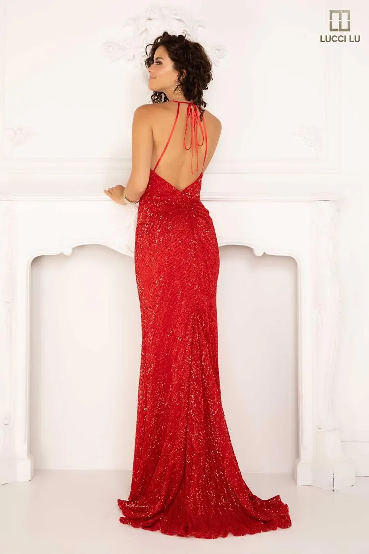 Lucci Lu 1172 Red Sequin Fitted Halter Dress - Size 8