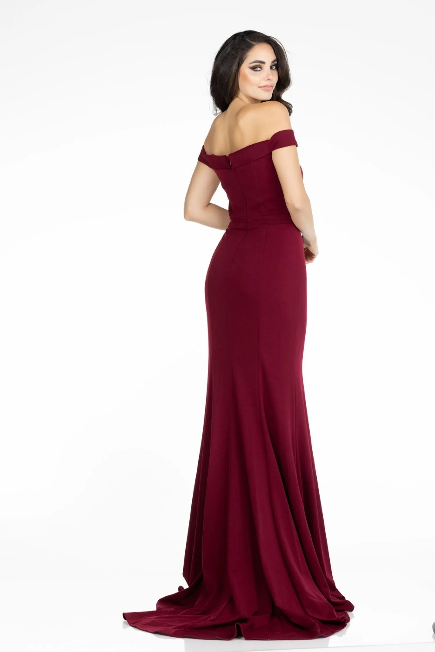 Lucci Lu 8197 Burgundy Fitted Off the Shoulder Dress