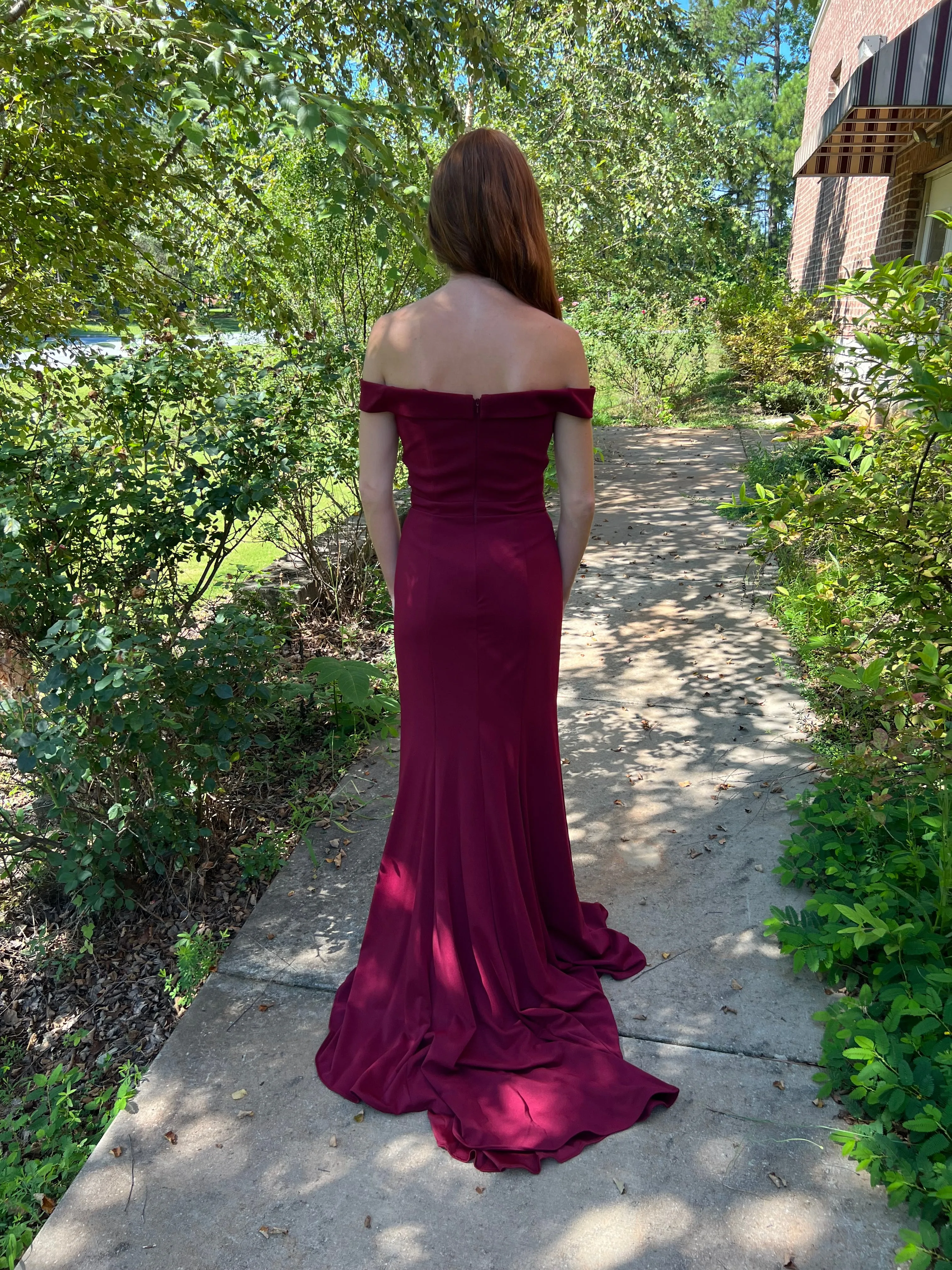 Lucci Lu 8197 Burgundy Fitted Off the Shoulder Dress