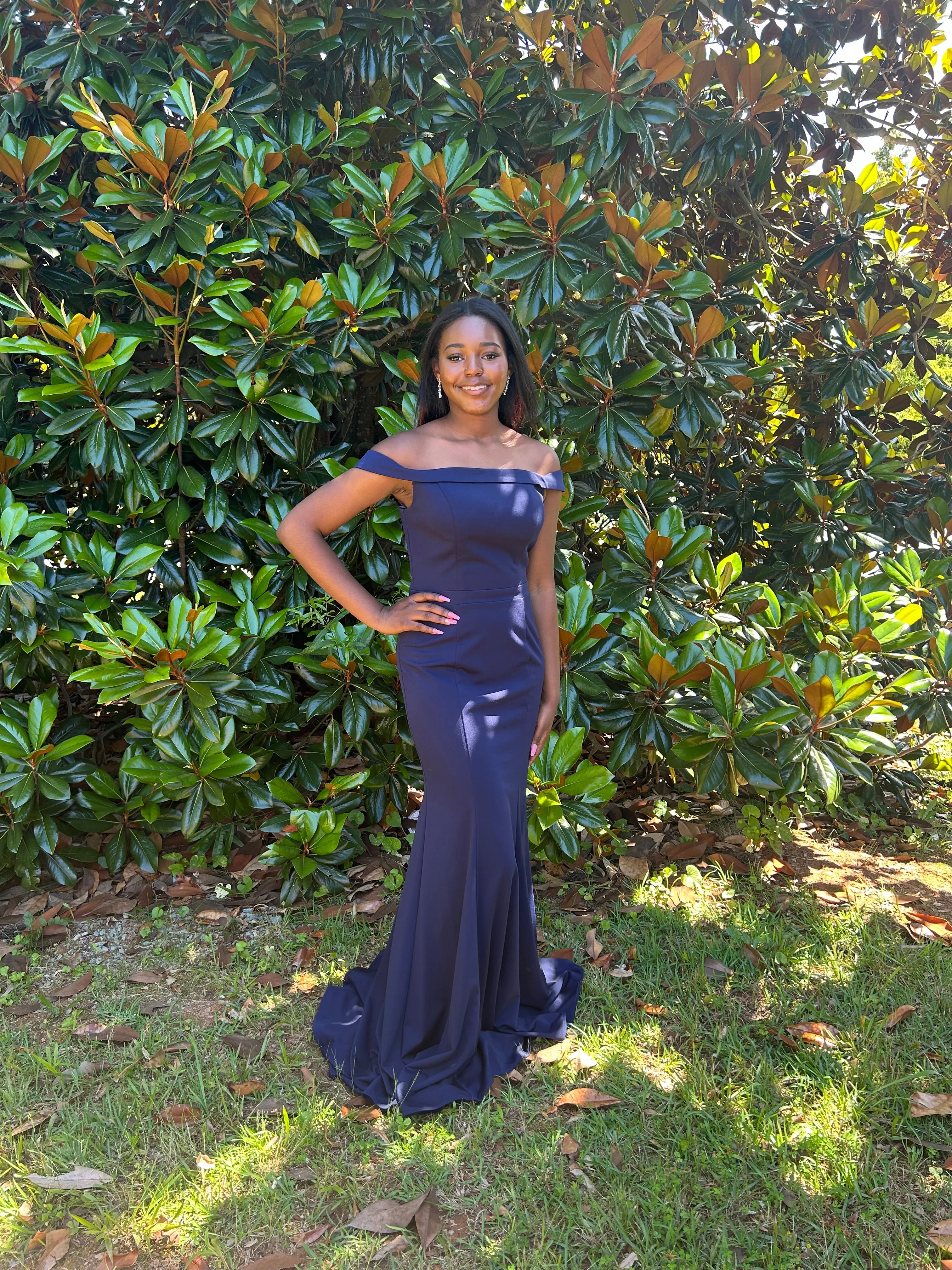 Lucci Lu 8197 Navy Blue Fitted Off the Shoulder Dress