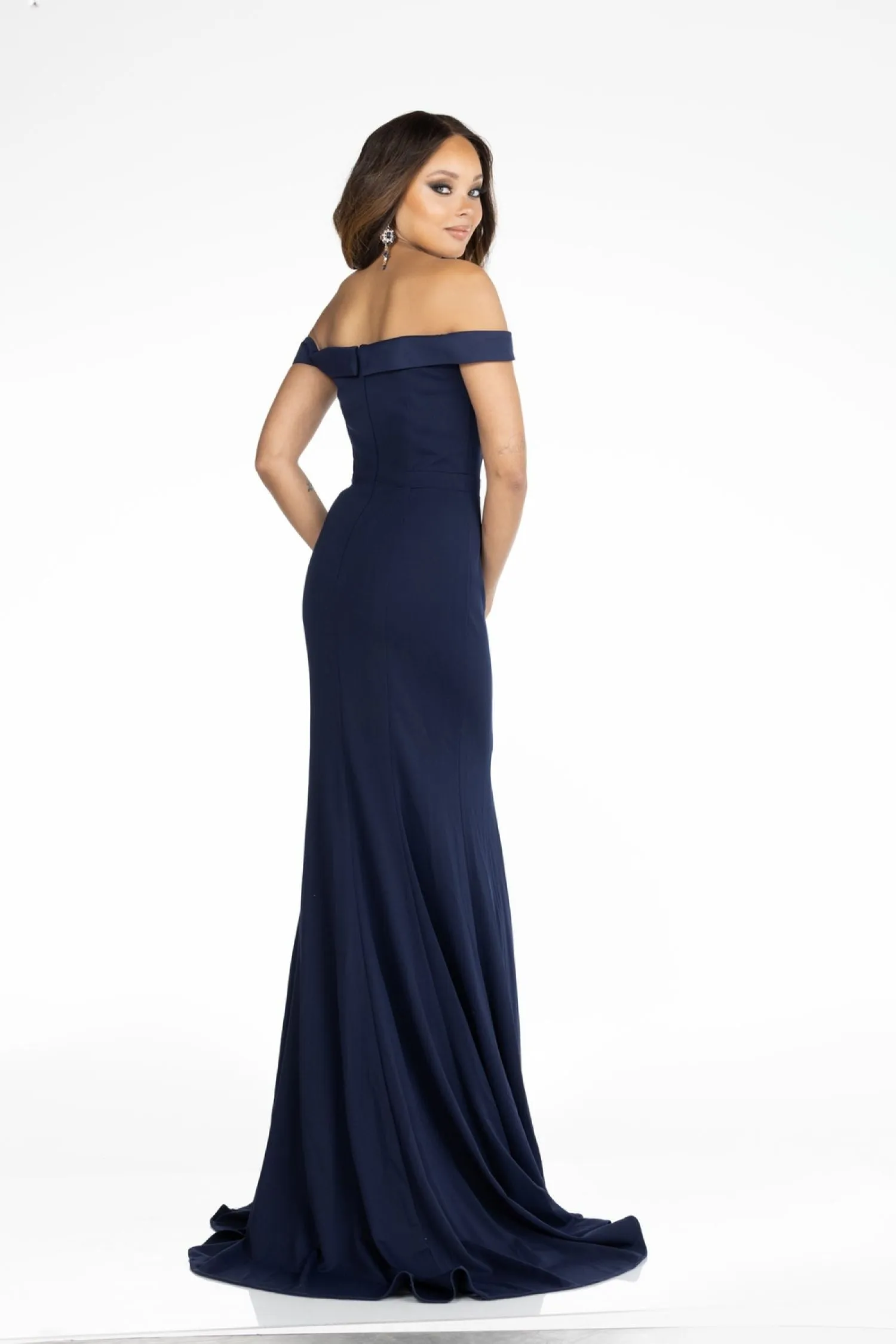 Lucci Lu 8197 Navy Blue Fitted Off the Shoulder Dress