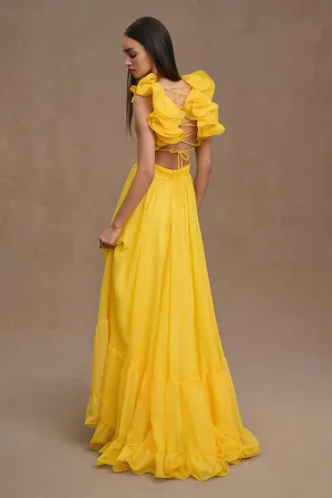 Mac Duggal Chiffon A-Line Dress with Lace Back and Indy Ruffles yellow