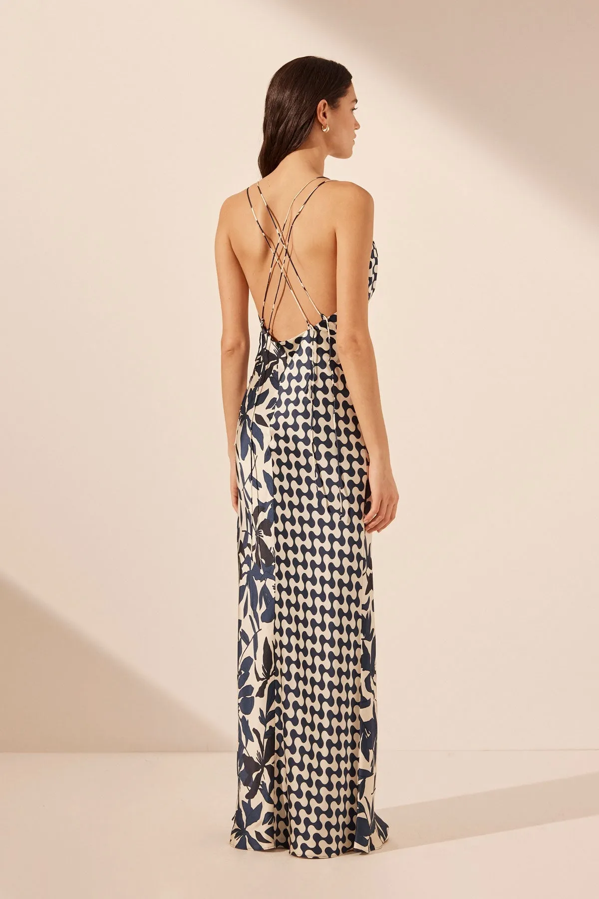 MAGNOLIA SILK CONTRAST PLUNGED DOUBLE STRAP MAXI DRESS