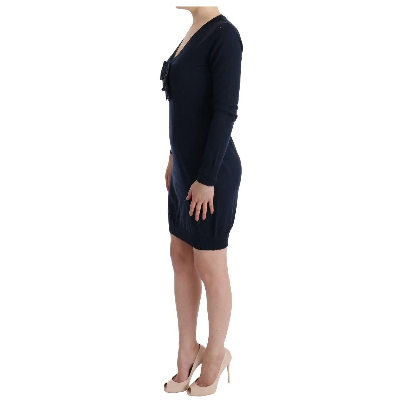 MARGHI LO' Elegant Over Knee Blue Wool Dress