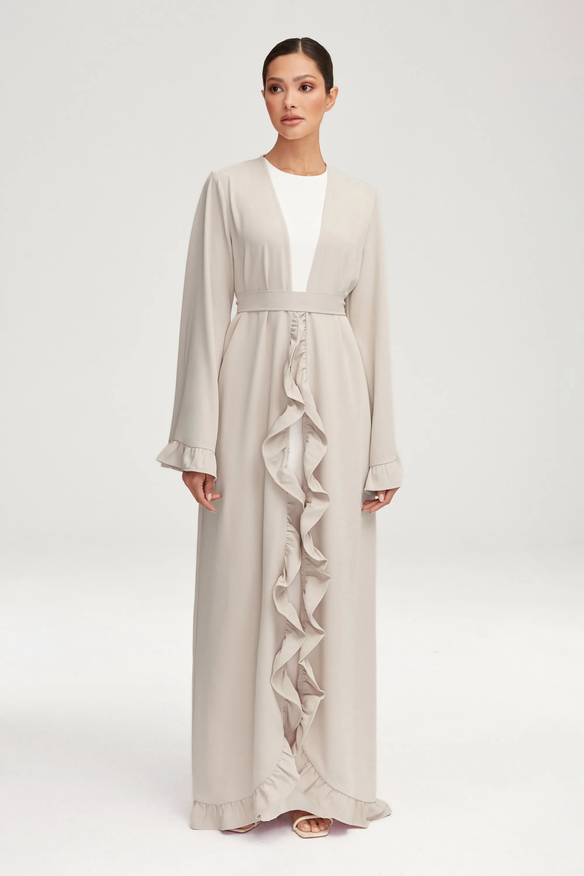 Mariam Ruffle Open Abaya - Stone